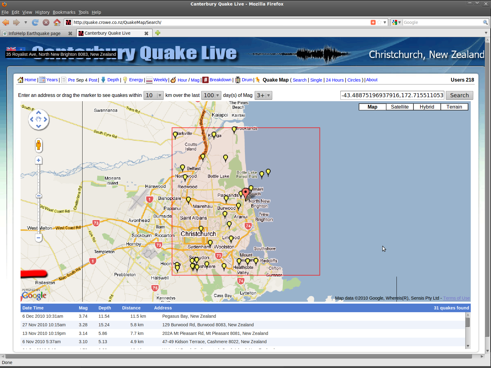 New Brighton fault trace by Sep-Dec2010 Mag 3+ quakes